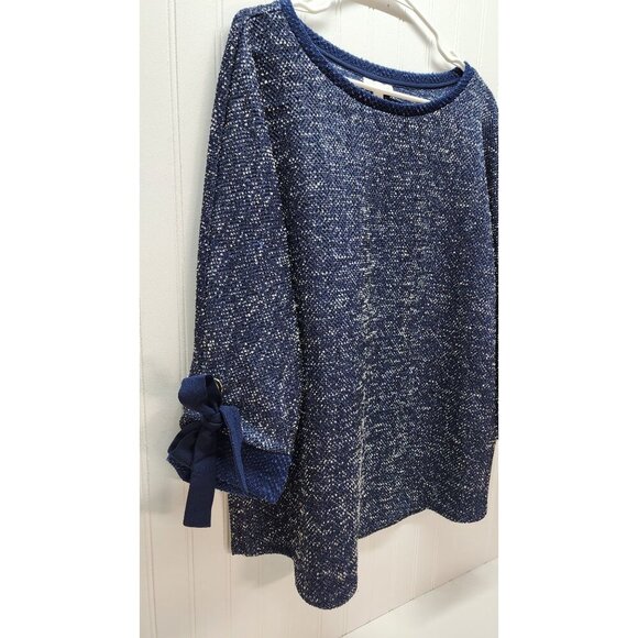 Charter Club Navy Blue Textured Sweater With Bow-Tied Sleeves & Gold Grommet Acc - Picture 2 of 11
